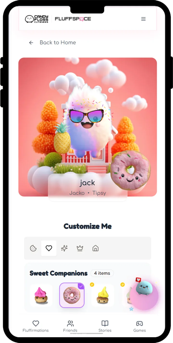 Customise Me screen in FluffSpace, showing hats and accessories bought with FluffPoints