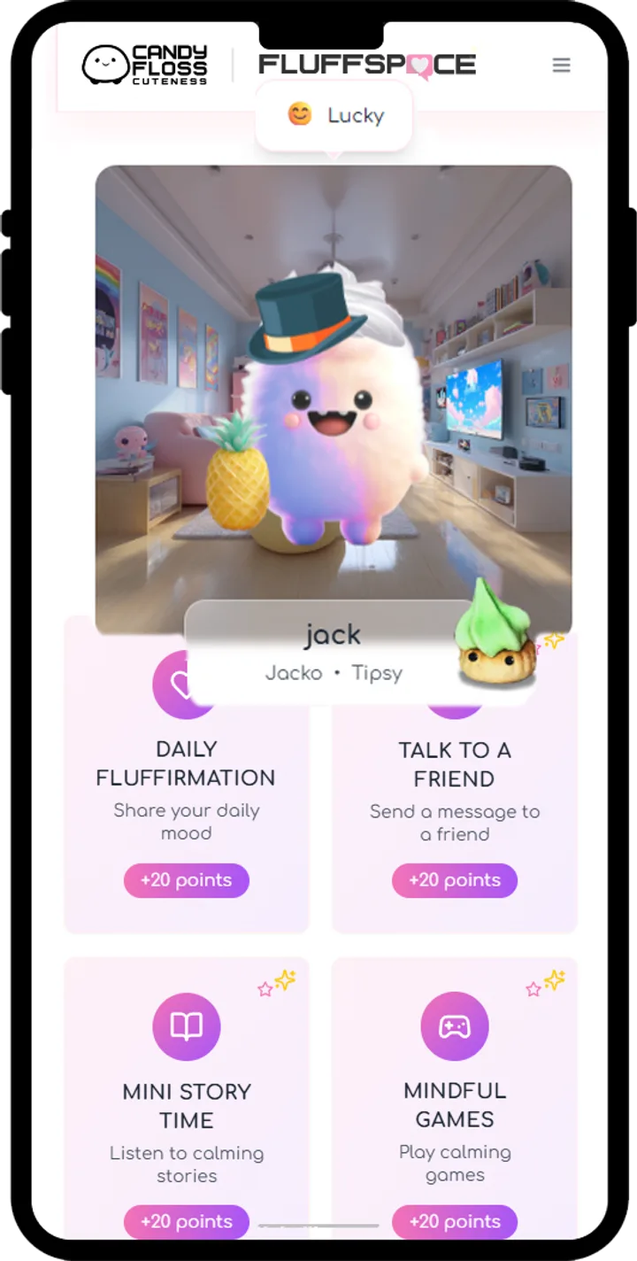 FluffSpace home screen showing Daily Fluffirmation, Talk to a Friend, Mini Story Time and Mindful Games
