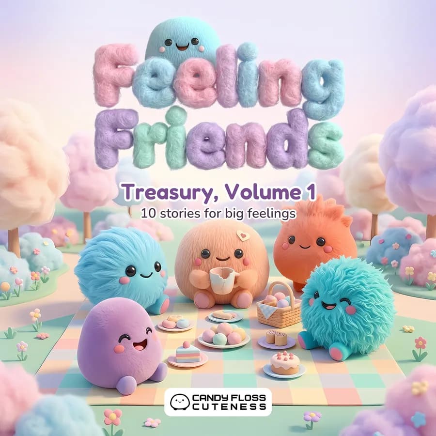 The cover of Feeling Friends Treasury, Volume 1, with five fluffy friends at a picnic