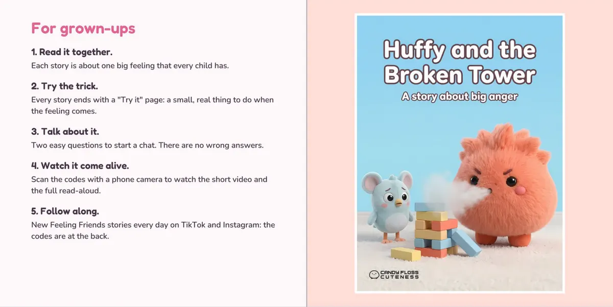 The For grown-ups page and the title page of Huffy's story