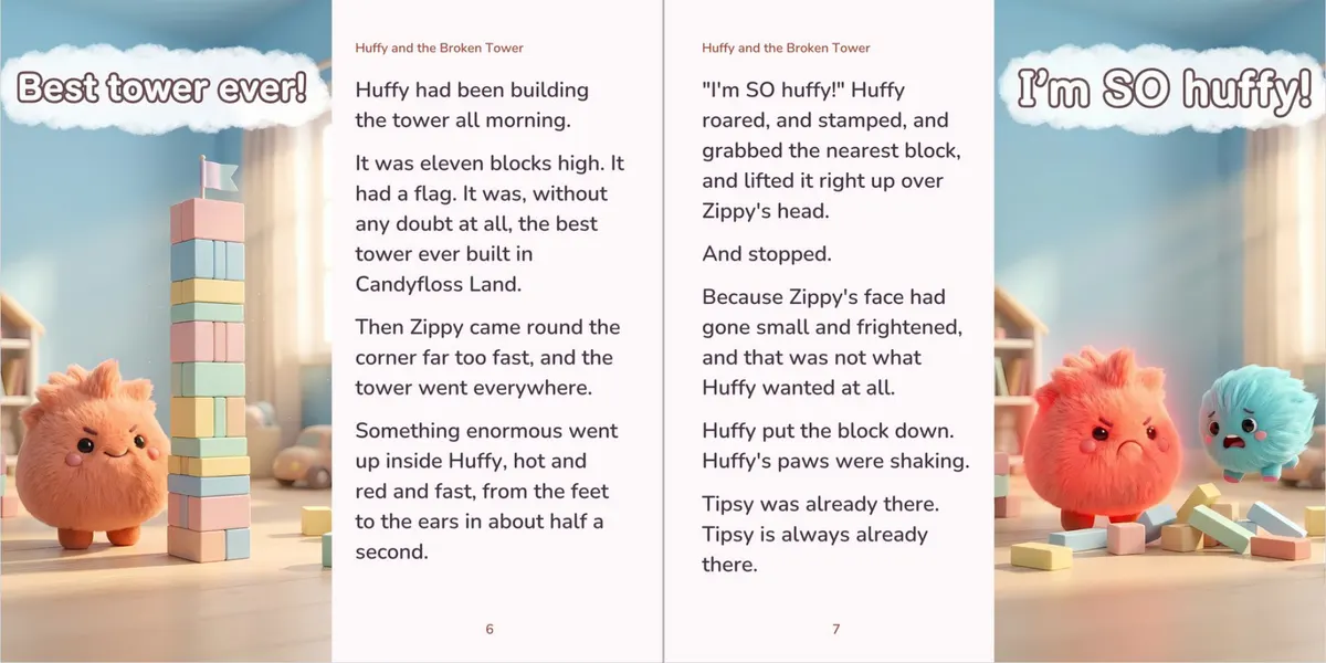 Two pages from Huffy and the Broken Tower, with pictures and the story side by side