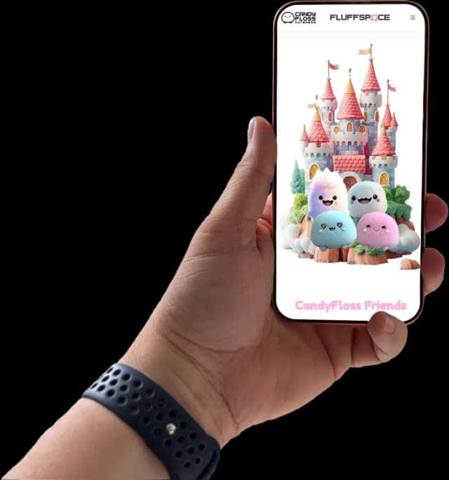 A hand holding a phone showing the CandyFloss Castle screen after tapping a plushie