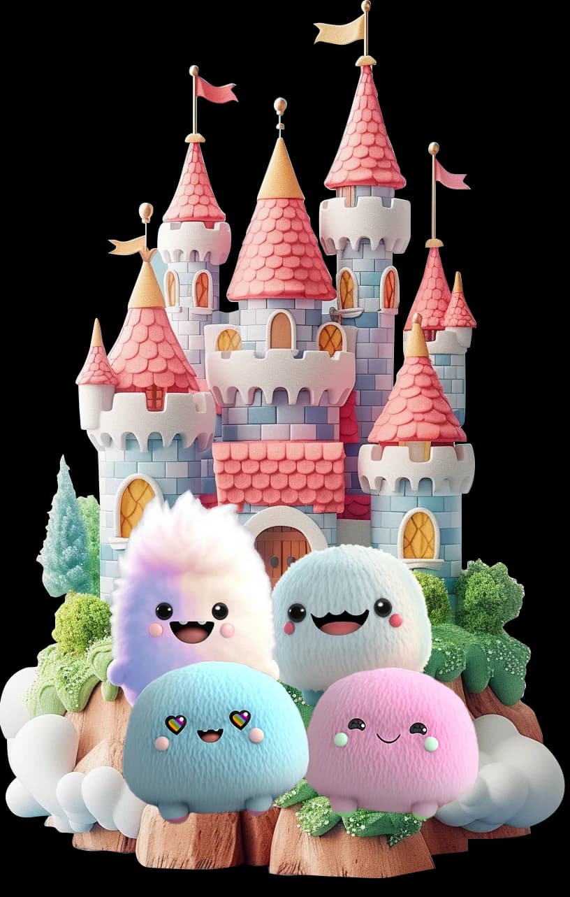 The CandyFloss castle with four plushies sitting in front of it