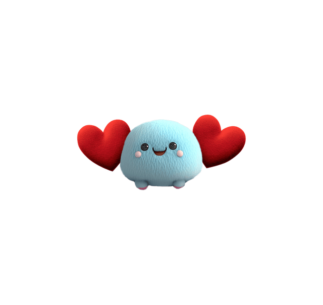 Winky the blue plushie flanked by two soft hearts